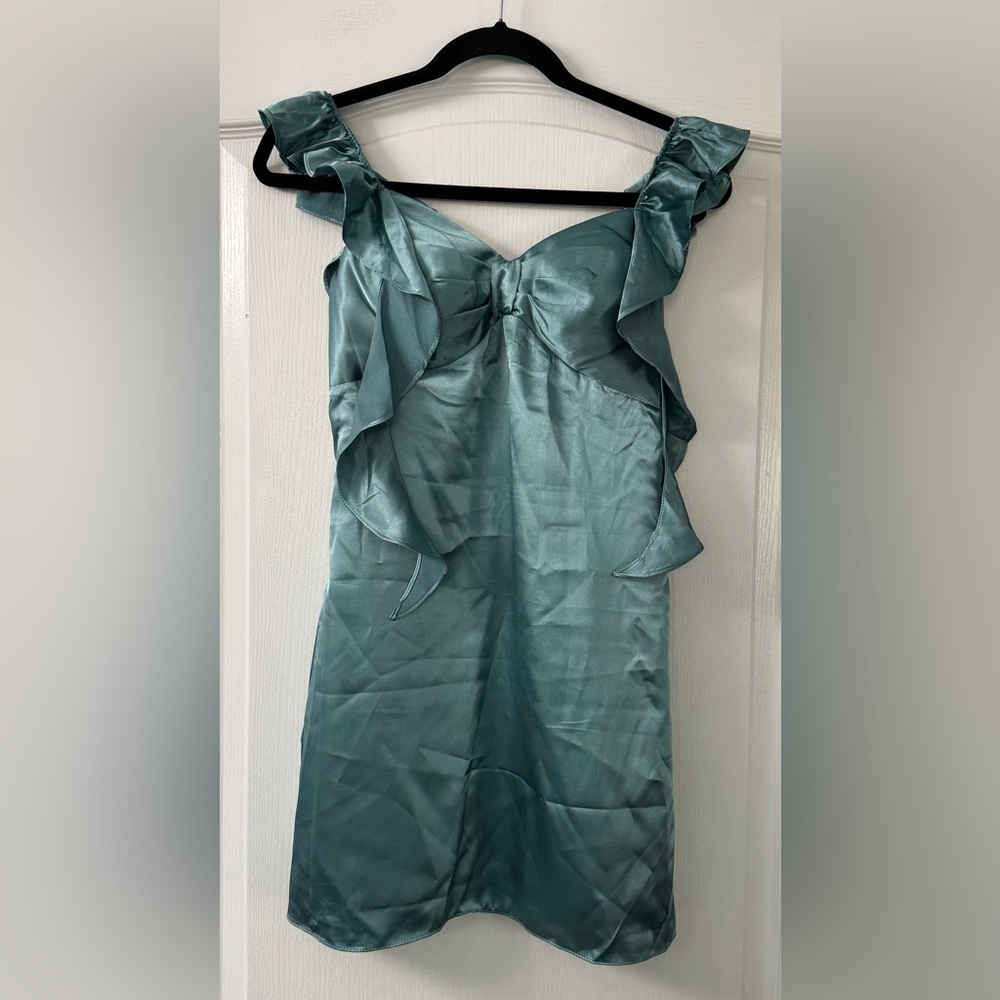 Satin Teal Ruffle Strap Mini Dress with built-in padding